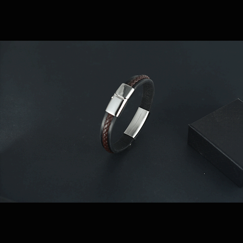 Bracelet homme en cuir noir tressé et acier inoxydable