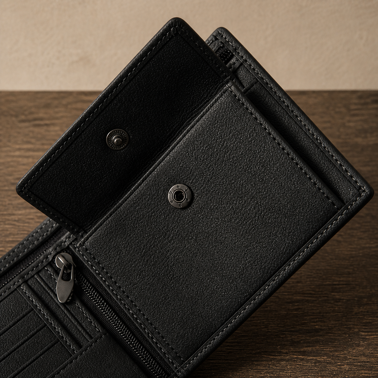 Portefeuille homme en cuir ouvert, compartiments cartes et billets