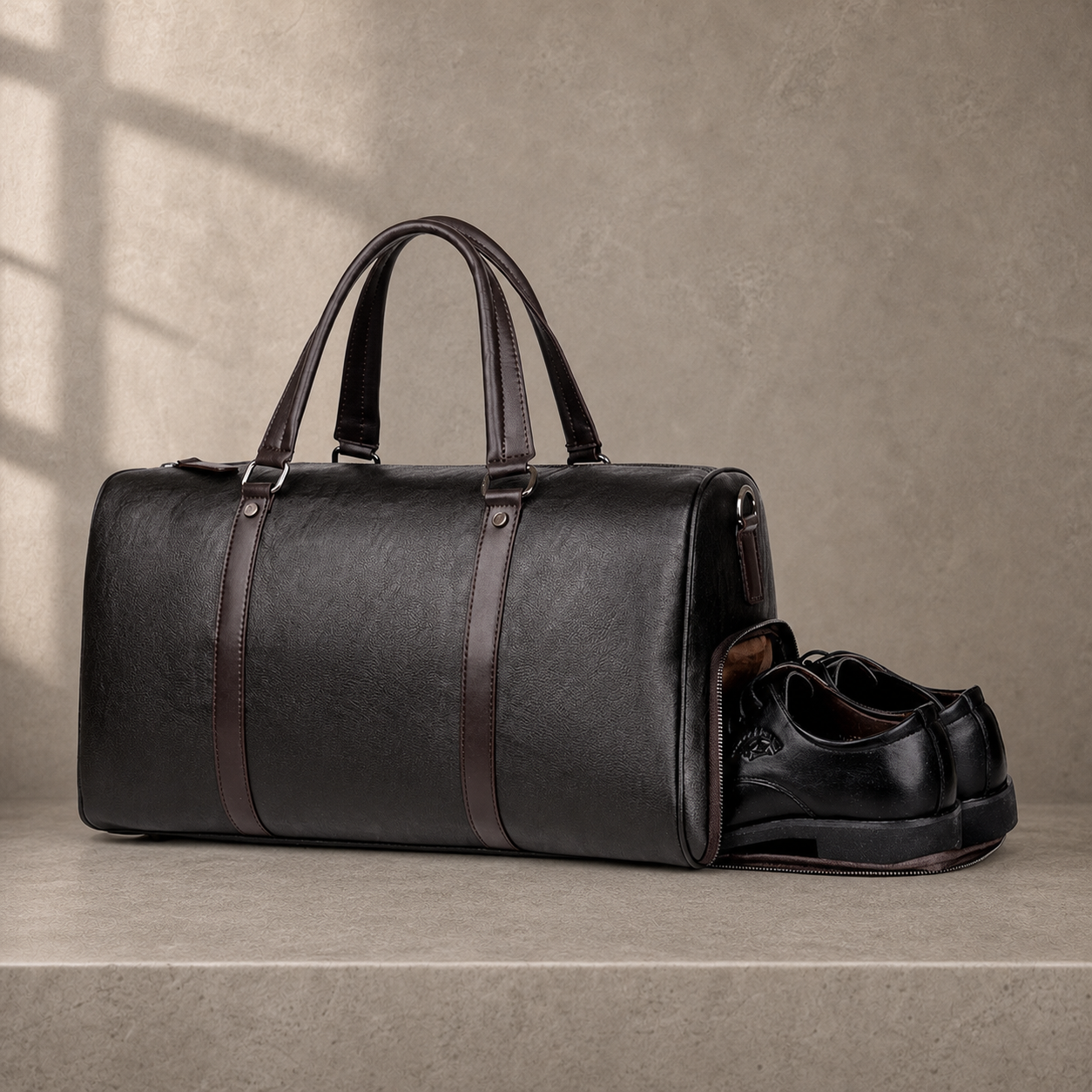Sac de voyage homme en cuir cognac, compartiment à chaussures séparé