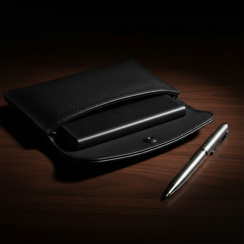 Batterie externe sans fil noire, coque aluminium finition mate